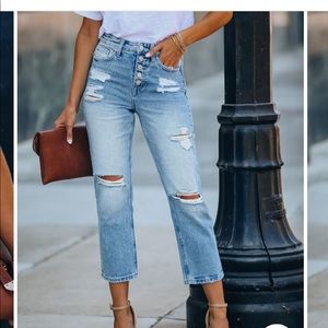 VICI Allie High Rise Button Front Distressed Denim